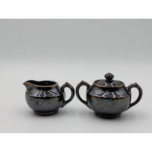 Vintage Japan Ceramic Creamer Pitcher and Sugar Bowl‎ with Lid Floral Accents